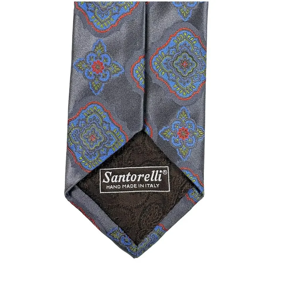 Santorelli Silk Tie Long Gray Green Blue Orange Medallion Made Italy 61 x 3